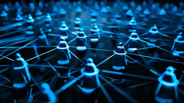 Na ciemno niebieskim tle sieć połączonych ze sobą postaci reprezentuje ducha współpracy