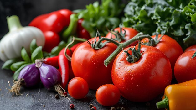 Na ciemnym stole ułożone są różne pomidory i warzywa