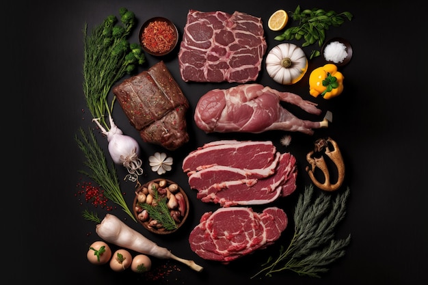 Na ciemnym tle wiele rodzajów niegotowanego mięsa, w tym wołowina, wieprzowina, jagnięcina i kurczak Panorama widok z góry i baner