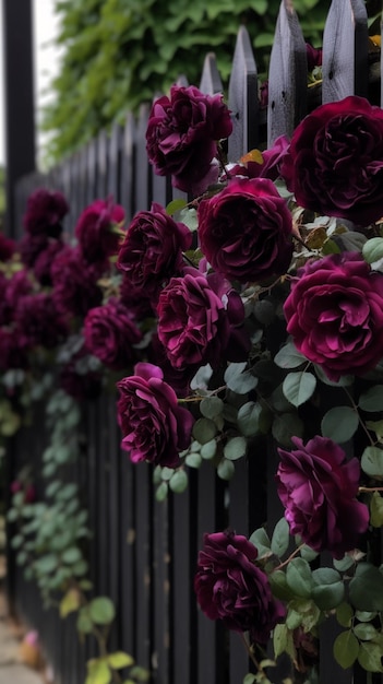 na czarnym płocie generatywnym AI rośnie wiele fioletowych róż