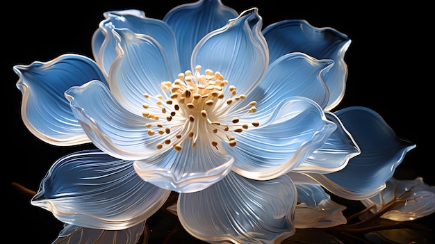 Na czarnym tle generatywny ai znajduje się niebieski kwiat z białymi płatkami