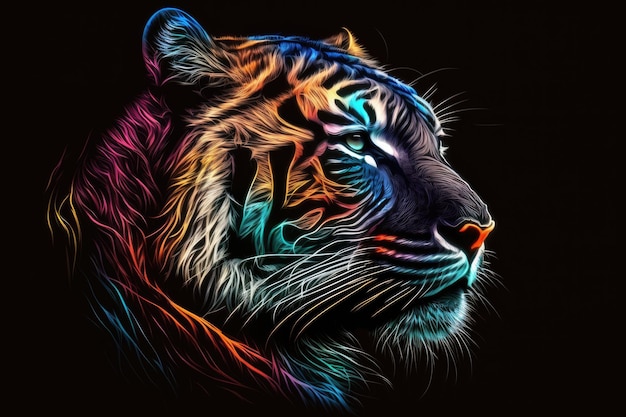 Na czarnym tle kreatywny projekt logo z kolorowym tygrysem