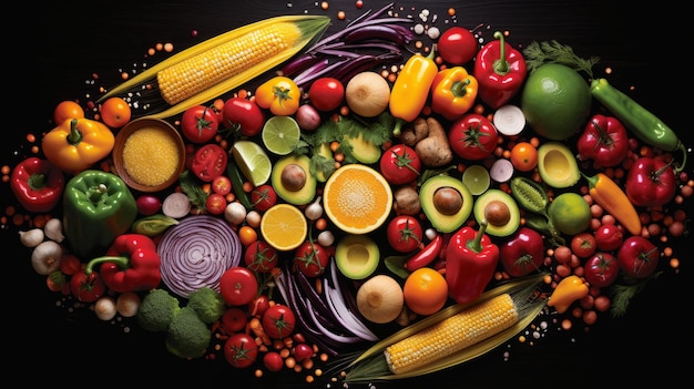 Zdjęcie na czarnym tle rozmieszczone są różnorodne świeże warzywa i owoce