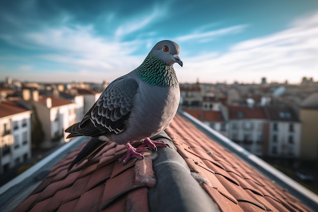 Na dachu budynku generatywnego ai siedzi gołąb