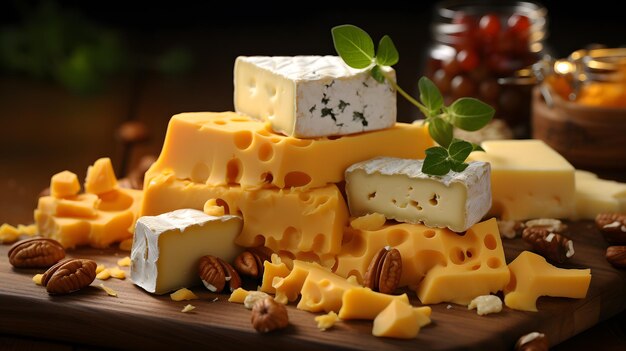Na desce do cięcia jest wiele różnych rodzajów sera.