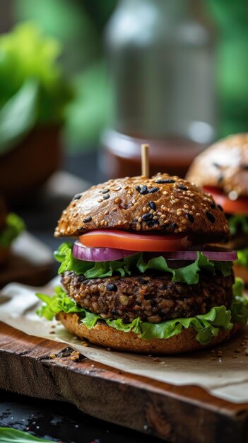 Na drewnianej desce do cięcia jest hamburger z sałatką, pomidorem i cebulą.