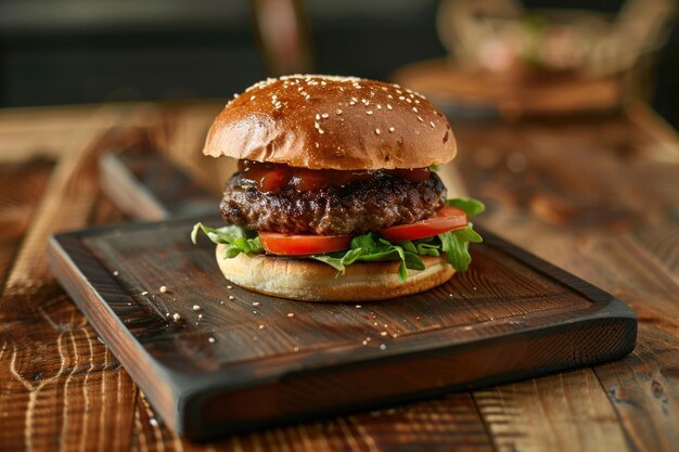 Na drewnianej desce do cięcia pięknie przedstawiono pyszny hamburger z soczystej wołowiny i świeżych warzyw