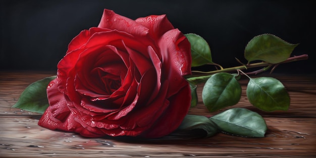 Na drewnianym stole generatywnym ai siedzi czerwona róża