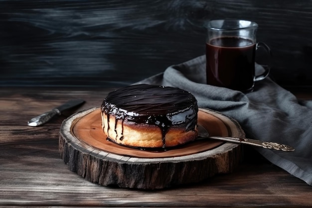 Na drewnianym stole jest cheesecake z sosem czekoladowym i filiżanka czarnej kawy pyszne przysmak lub...