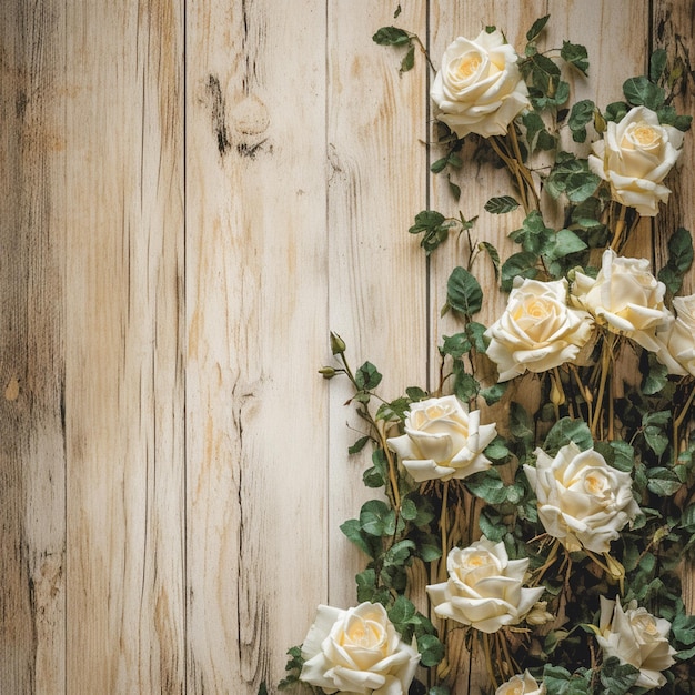 Zdjęcie na drewnianym stole leży bukiet białych róż, generujących ai
