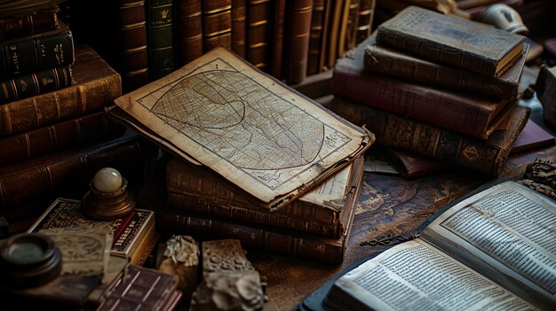 Na drewnianym stole leży otwarta, starych książka z wielowiekową mapą
