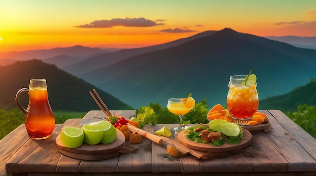 Na drewnianym stole pyszne dania z widokiem na góry