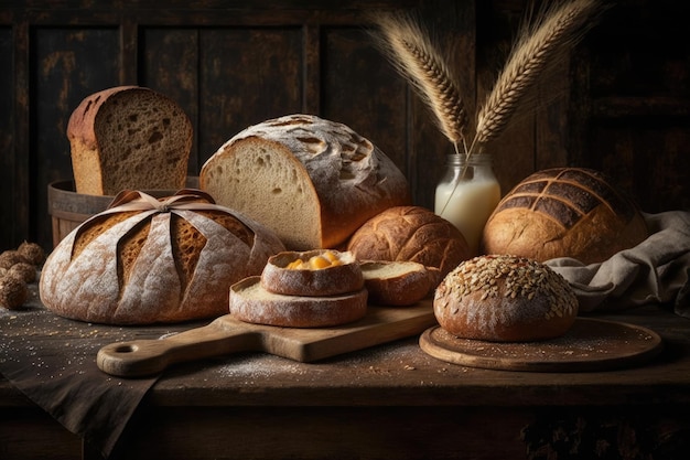 Na drewnianym stole różne przepyszne bochenki chleba z mąki pszennej i glutenu