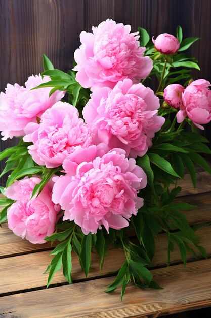 Zdjęcie na drewnianym stole siedzi bukiet różowych kwiatów.