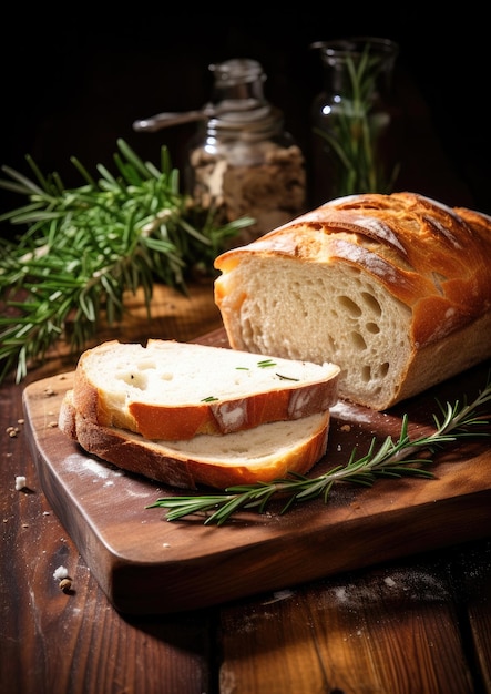 Na drewnianym stole z ciemnym tłem nacięty chleb ciabatta i rozmaryn Generatywna sztuczna inteligencja