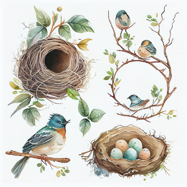 Na gałęzi siedzą cztery ptaki z gniazdami i jajkami.