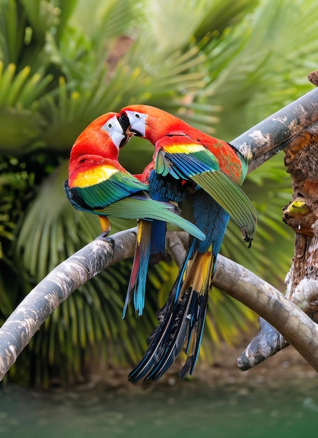 Zdjęcie na gałęzi siedzą dwa kolorowe ptaki.