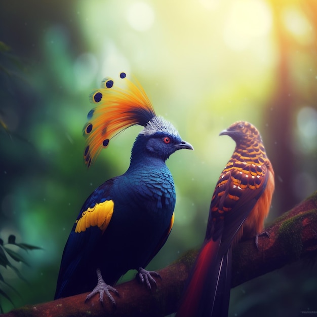 Na gałęzi siedzi niebieski ptak z żółtymi piórami.