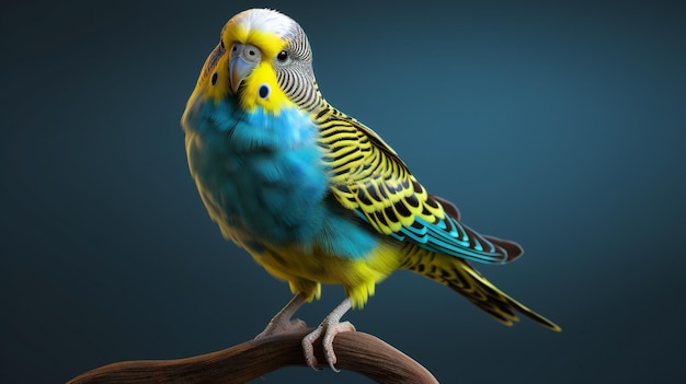 Na gałęzi siedzi ptak z niebiesko-żółtym piórkiem na głowie.