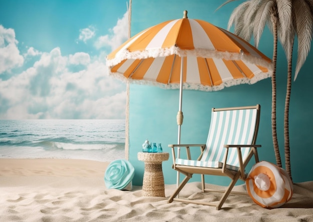 Na generatywnej plaży znajduje się scena plażowa z krzesłem i parasolem