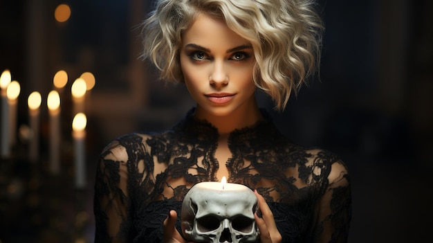 Zdjęcie na imprezie halloween młoda kobieta trzymająca czaszkę nosi makijaż szkieletu