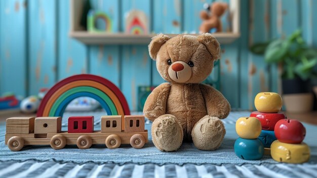 Na jasnoniebieskim tle widać pluszowego niedźwiedzia, drewniany tęczowy pociąg i zabawki dla dzieci