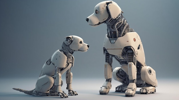 Na jasnoszarym tle robot i jego pies pozują do generatywnej sztucznej inteligencji