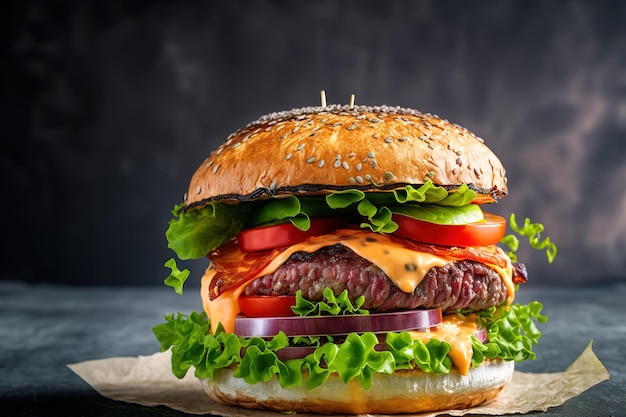 Na jasnym kamiennym tle z miejsca na kopię grillowano smacznego domowego burgera z wołowiną, serem pomidorowym, bekonem i sałatą, patrząc na pojęcie fast food i fast foodów Połóż się płasko