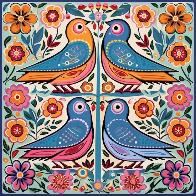 na kolorowej płytce z kwiatami generatywnymi ai siedzą trzy ptaki