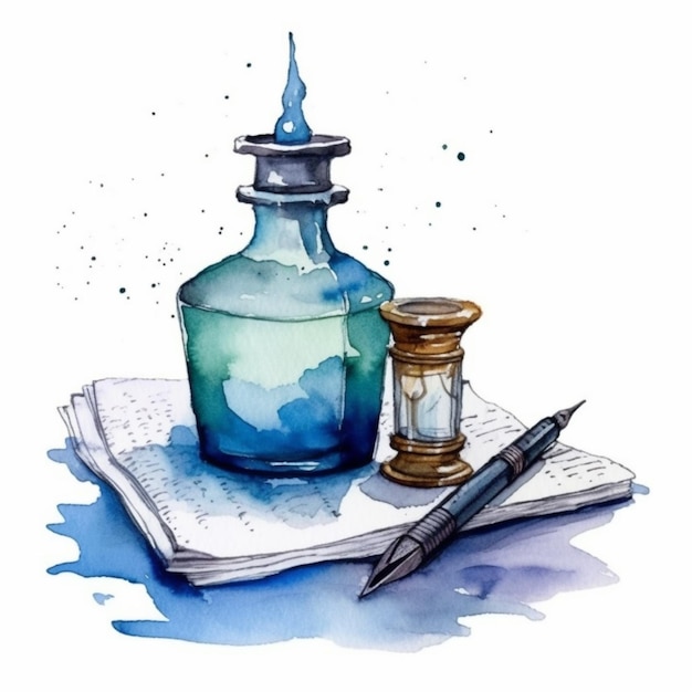 Zdjęcie na książce generatywnej ai znajduje się niebieska butelka i szklanka