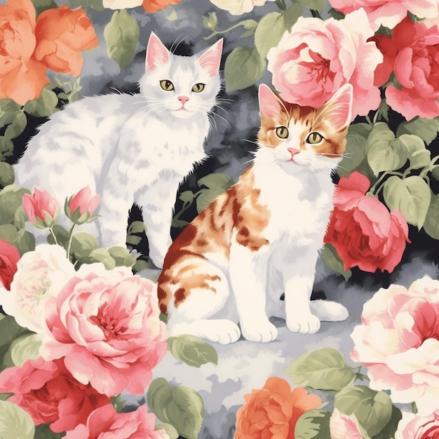 Na kwiecistym tle z różami generatywnymi ai siedzą dwa koty