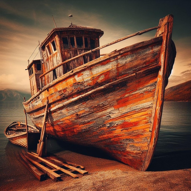 Zdjęcie na łagodnym zboczu spoczywa starzejąca się łódź rybacka, której kolor zmienił się w zardzewiałą pomarańczową.