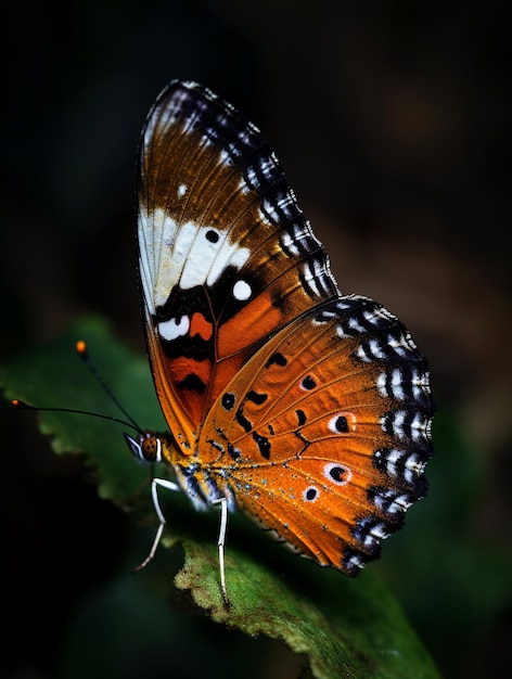 Na liściu znajduje się motyl z pomarańczowymi i czarnymi znaczeniami.