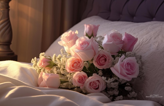 Na łóżku leży bukiet różowych róż.