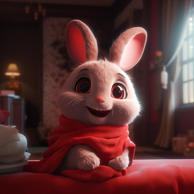 Na łóżku siedzi wypchany królik z czerwonym szalikiem