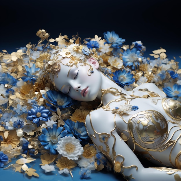 na łożu pełnym kwiatów generatywnej AI leży kobieta w złoto-niebieskiej sukience