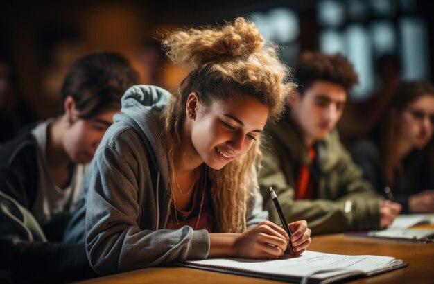 Zdjęcie na międzynarodowy dzień edukacji rozgrywa się tętniąca życiem scena pokazująca różnorodnych uczniów zaangażowanych w naukę, symbolizującą globalne dzielenie się wiedzą i wzmocnienie edukacji dla lepszej przyszłości.