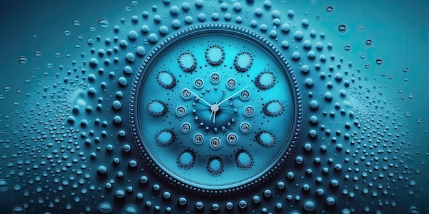 Zdjęcie na mokrym niebieskim tle znajdują się kropelki wody ułożone w kształcie tarczy. niebieskie abstrakcyjne tło czas jest płynny