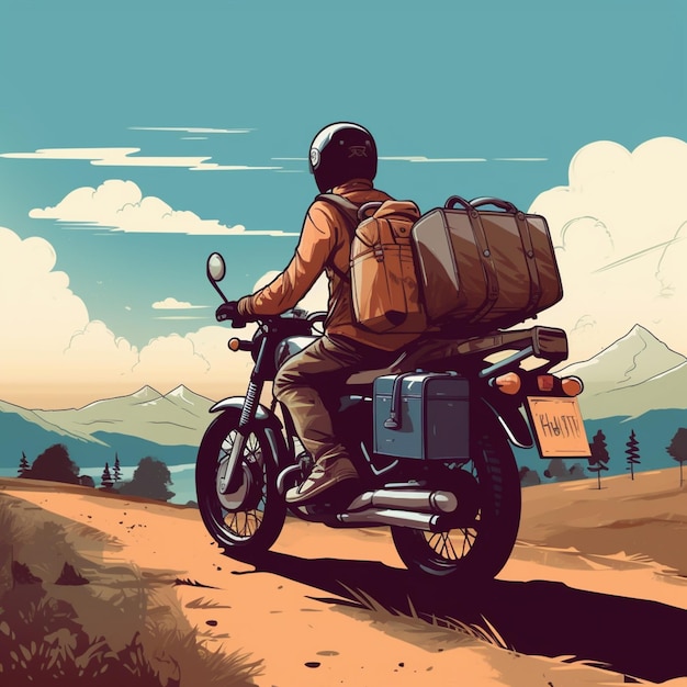 Na motocyklu jedzie mężczyzna z dużą torbą na plecach