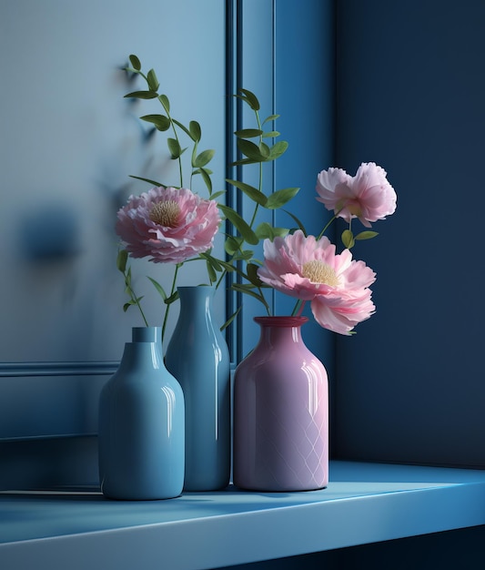 Na niebieskiej półce stoją trzy wazony z różowymi kwiatami