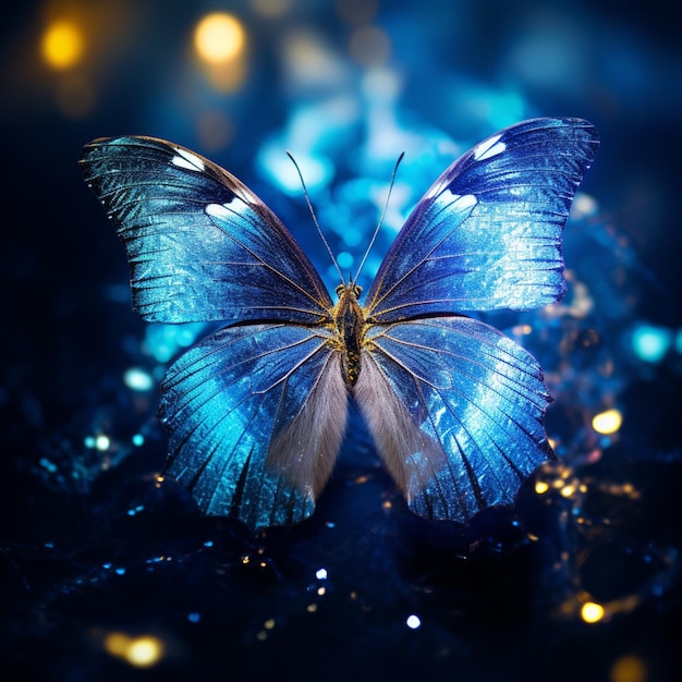 na niebieskiej powierzchni generatywnej AI siedzi niebieski motyl