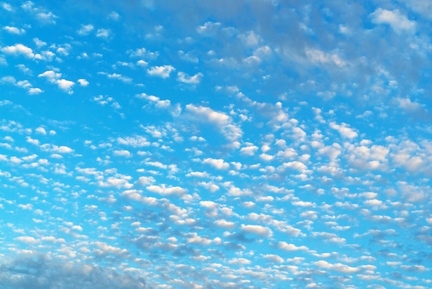 Na niebieskim niebie jest wiele małych białych chmur o różnych kształtach