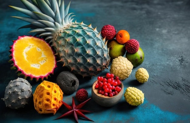 Zdjęcie na niebieskim tle z szarym drewnianym stołem znajduje się wiele egzotycznych owoców, w tym ananas lychee