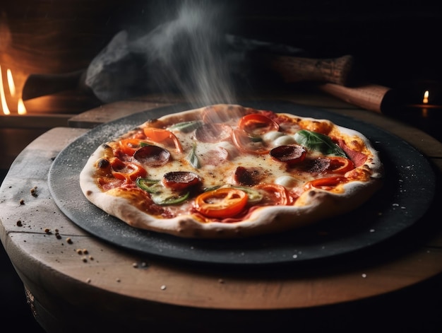 Na niej pizza z pomidorami pepperoni i bazylią Obraz Generative AI