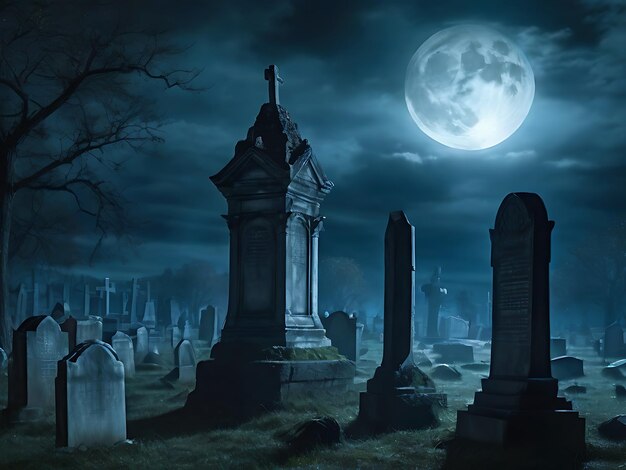 Na opuszczonym cmentarzu pod księżycowym niebem nagrobki