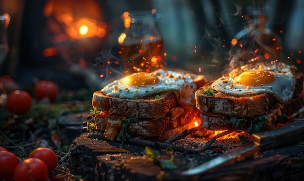 Zdjęcie na otwartym ogniu z tostem i jajkami