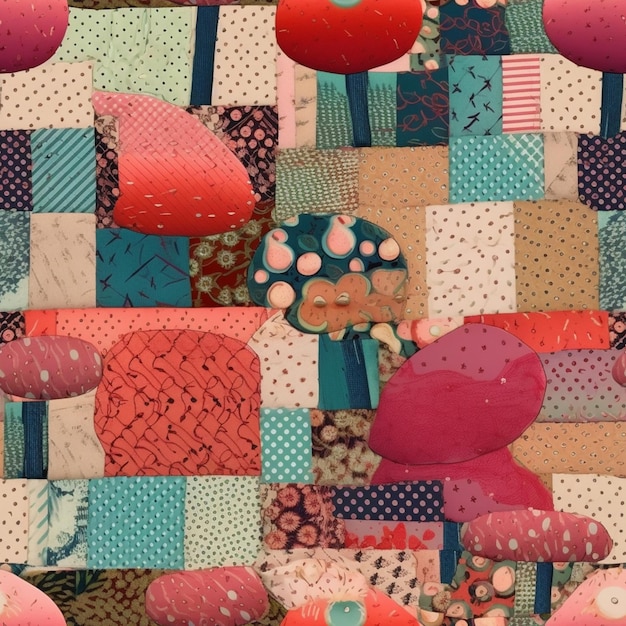 Na Patchwork Quilt Generative Ai Jest Wiele Różnokolorowych Grzybów