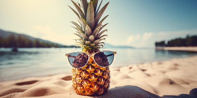 Zdjęcie na piaszczystej plaży jest ananas z okularami przeciwsłonecznymi.