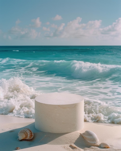 Zdjęcie na piaszczystej plaży stoi samotny, cylindryczny piedestal, któremu towarzyszą delikatne muszle morskie w kształcie turkusów