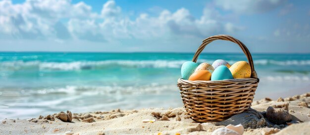 Na piaszczystej plaży w pobliżu oceanu wystawione są życzenia wielkanocne z koszem i jajkami